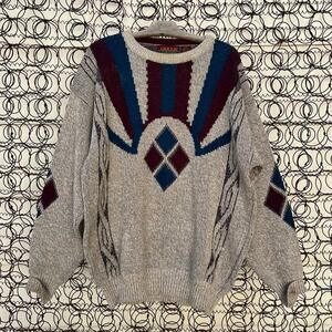 Vintage 90s Oakton Limited Muted Earthy Boho Sunset Maroon Blue sweater LG TALL